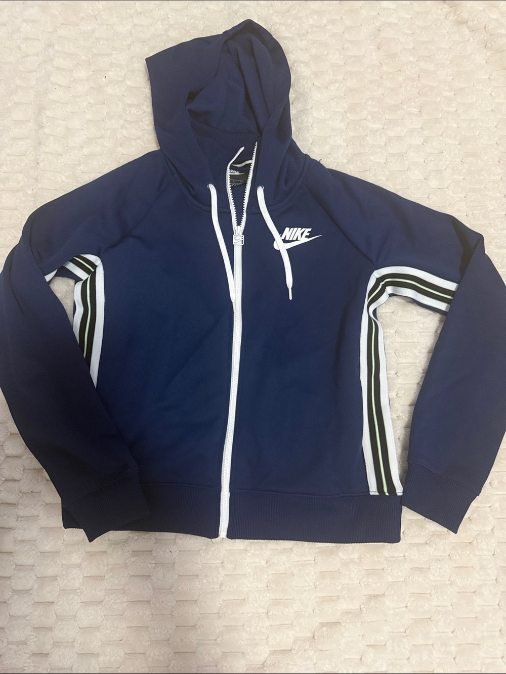 Nike Navy Blue Full-Zip Hoodie with White Trim and Black-White Sleeve Stripes